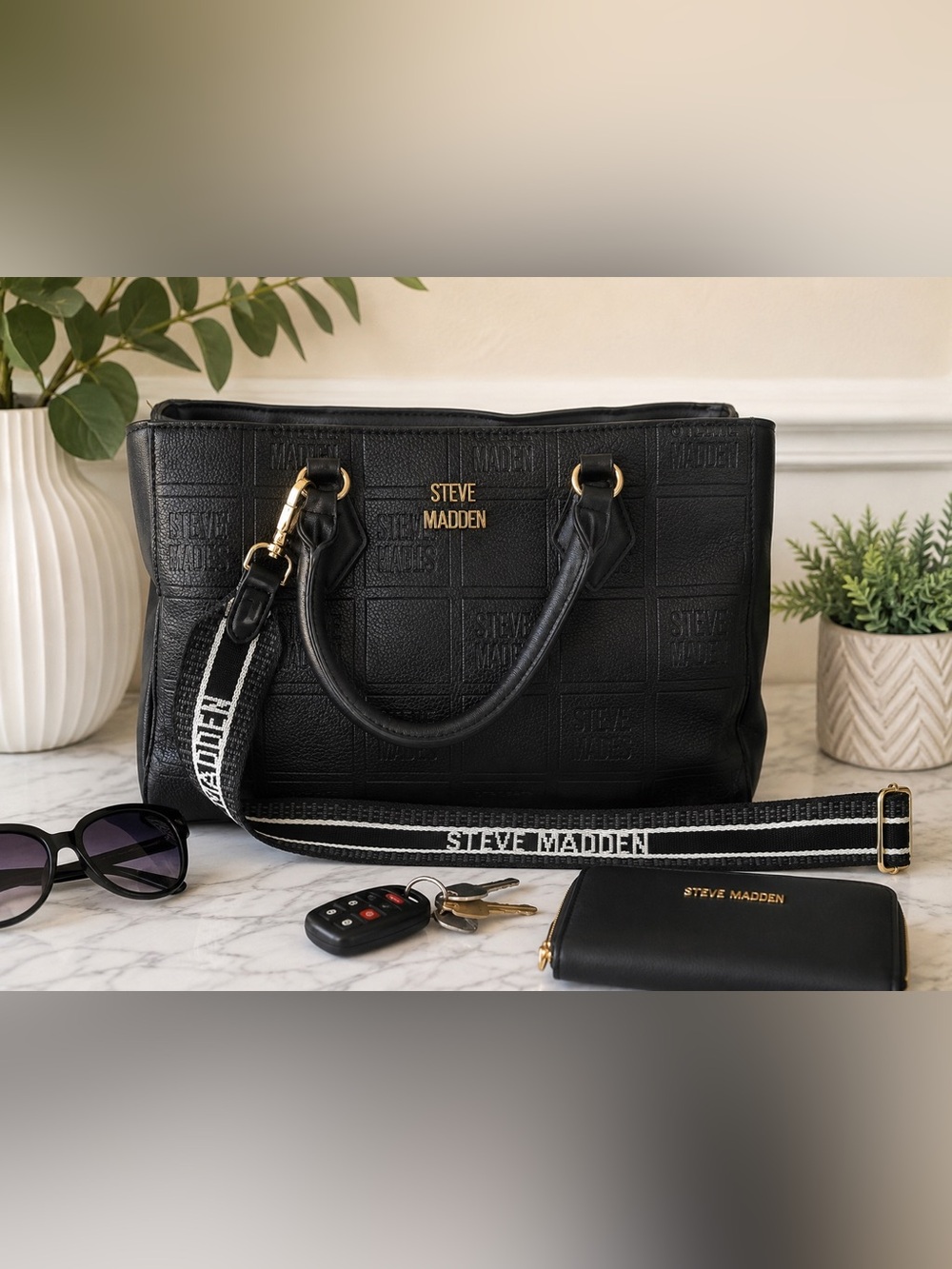 Steve Madden Black Embossed Leather Satchel with Branded Strap